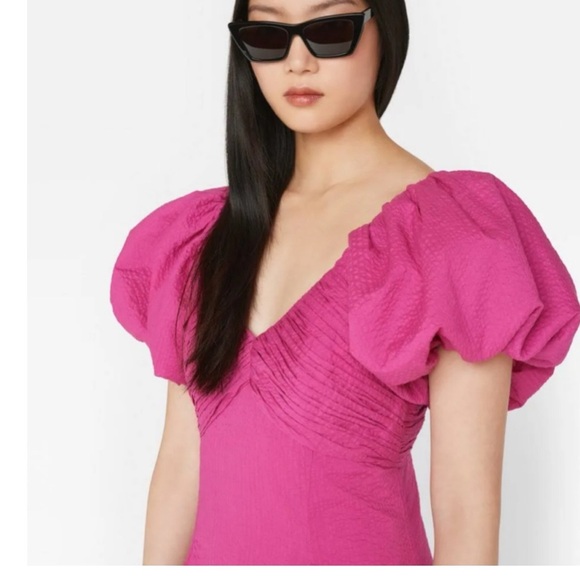 FRAME Puff-sleeve Textured Midi Dress V-neck A-line High Low Flounce Hem Small - Picture 9 of 16